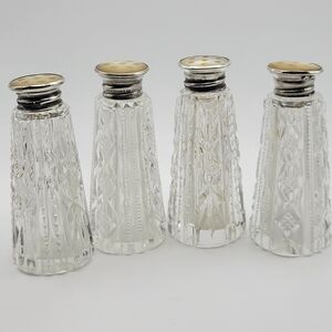 Vintage MCM Crystal Salt and Pepper Shakers Sterling Silver Caps Mother of Pearl